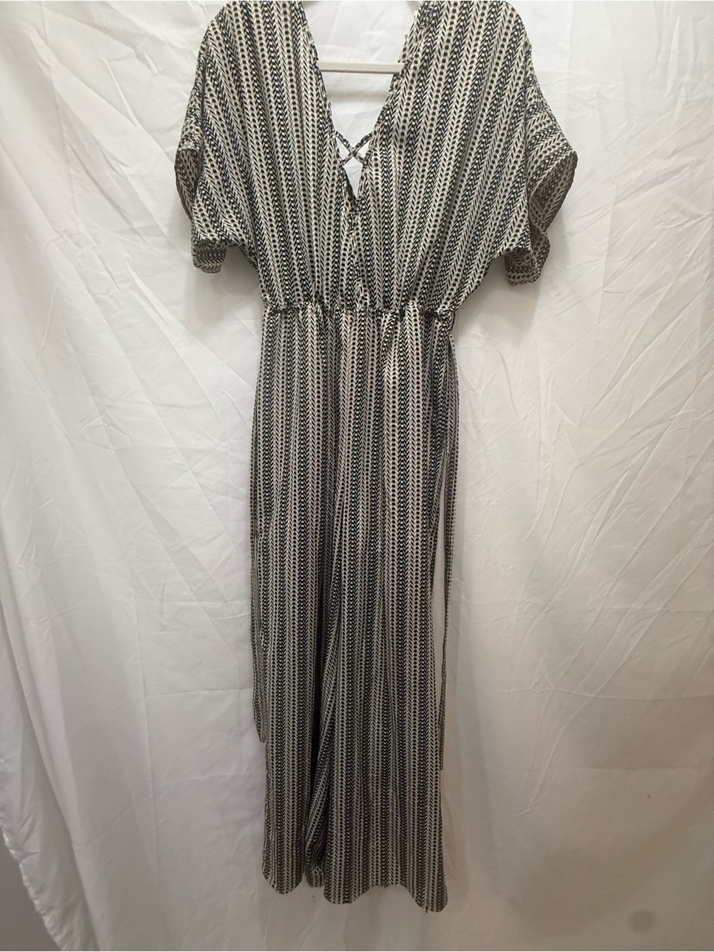 Striped V-Neck Black and White Maxi Dress with Waist Tie